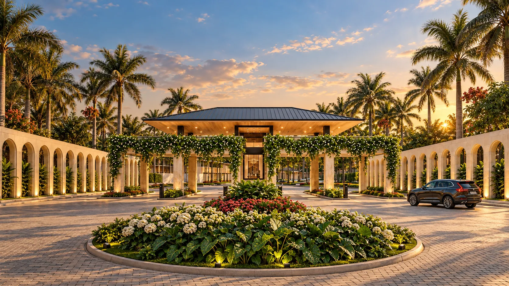 Garita principal de Savá rodeada de palmeras y jardines